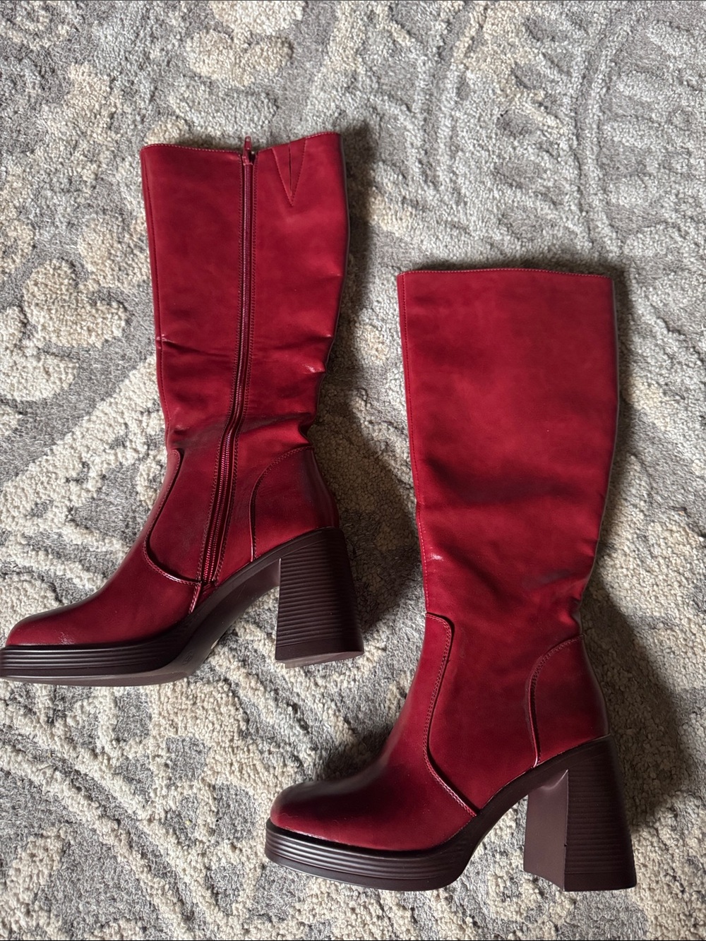 Red Mid-Calf Platform Block Heel Boots